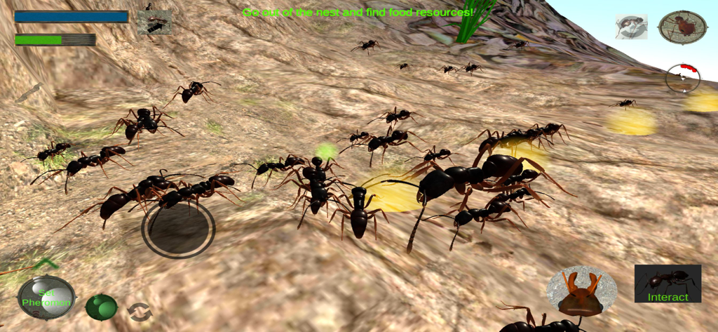 Ant Simulation 3D - Um grupo de formigas em um jogo de simulação 3D seguindo trilhas de feromônio amarelas em uma superfície rochosa.