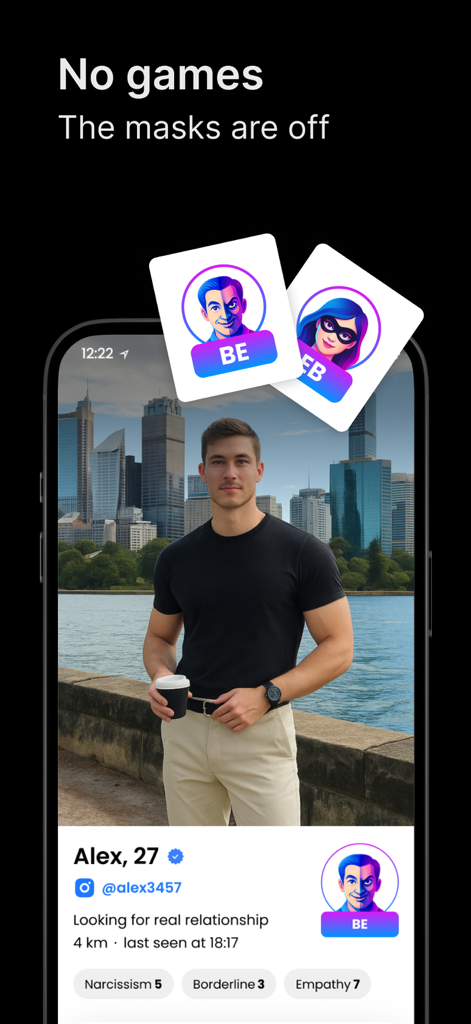 SoulMatcher: Premium Dating - SoulMatcher dating app interface showing a user profile with psychological personality trait scores like empathy and narcissism