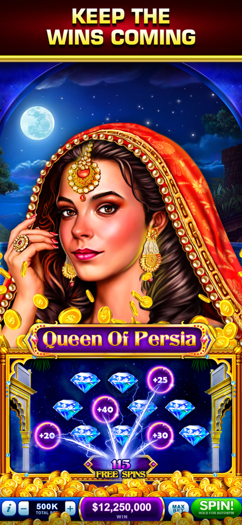Super Vegas Slotsのクイーンオブペルシャをテーマにしたスロットマシンのスクリーンショット。大きな勝利とフリースピンを表示。