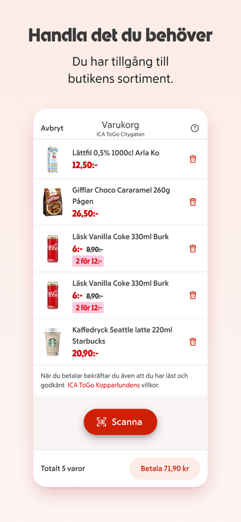 Mobile app screen showing the ICA ToGo shopping cart with scanned groceries and a checkout button