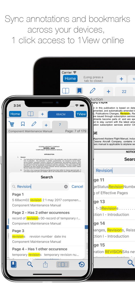 Textron Aviation 1View - Textron Aviation 1View app interface displaying a Cessna maintenance manual search and multi-device synchronization.