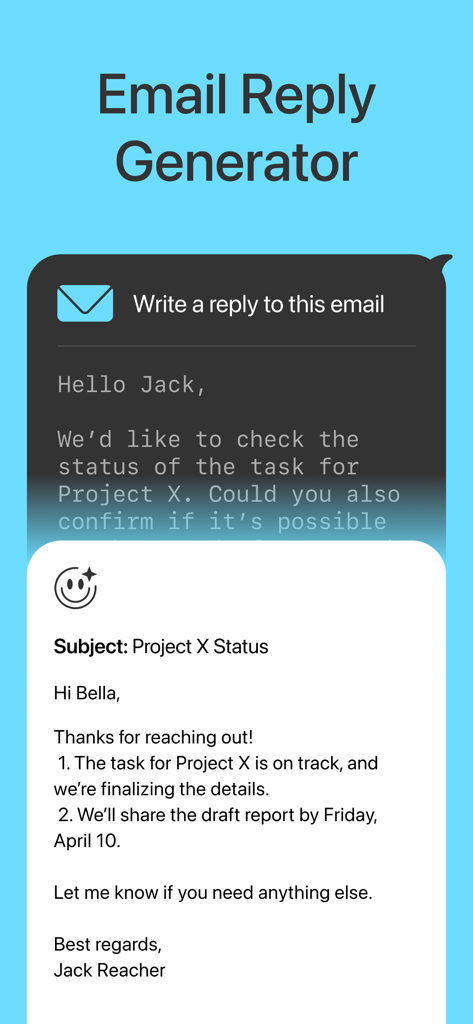 Yuna AI - Chatbot & Assistant - Screenshot of Yuna AI app showing the email reply generator feature with a professional response draft