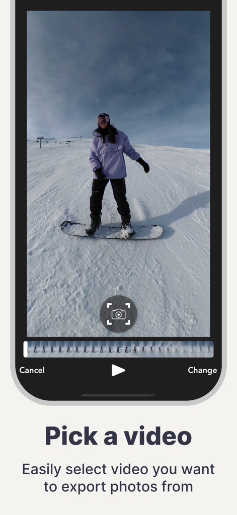 FrameShotアプリのスクリーンショット。高品質な写真フレームをエクスポートするための動画選択インターフェースを表示しています。