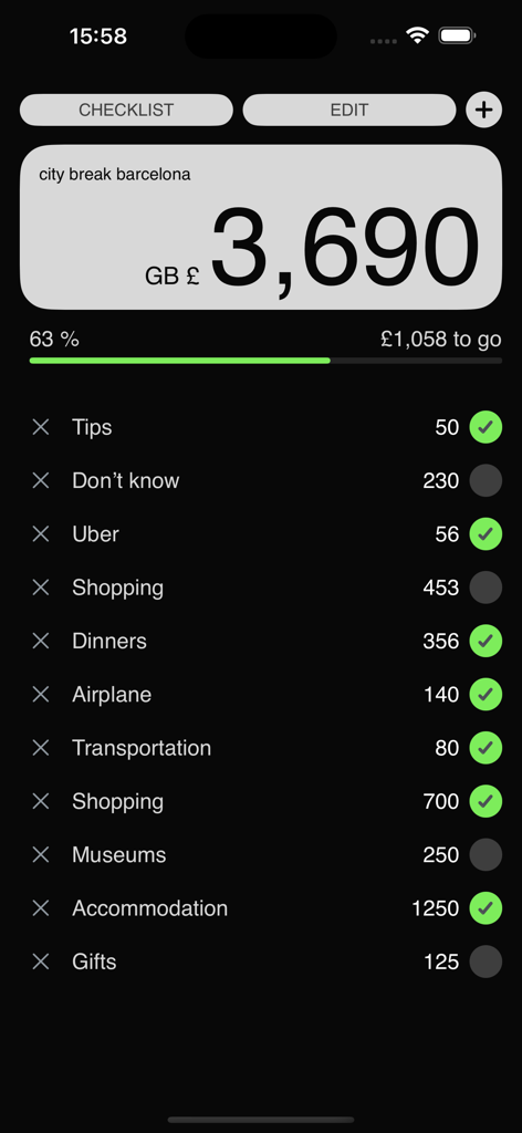 Checklist Pro: Expense Tracker - Tela do aplicativo móvel Checklist Pro exibindo uma lista de orçamento de viagem para uma escapada na cidade com despesas detalhadas e uma barra de progresso