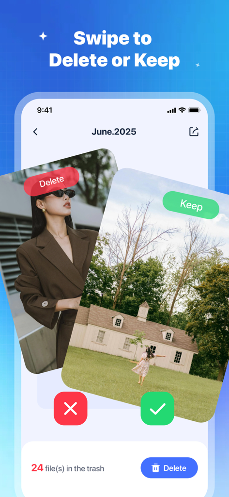 Fast Cleaner app interface showing the swipe gesture feature to delete or keep photos