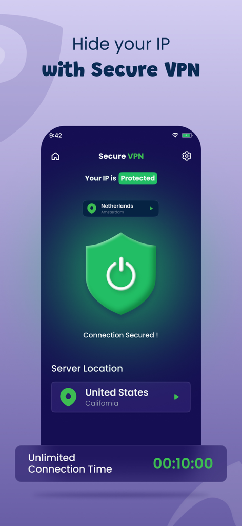 Phone Protection for iPhone - Pantalla de iPhone que muestra la función VPN Segura con una conexión protegida y un icono de escudo verde
