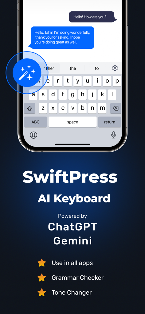 SwiftPress AI Writing Keyboard - SwiftPress AI Writing Keyboard interface showing grammar checker and tone changer features powered by ChatGPT and Gemini.
