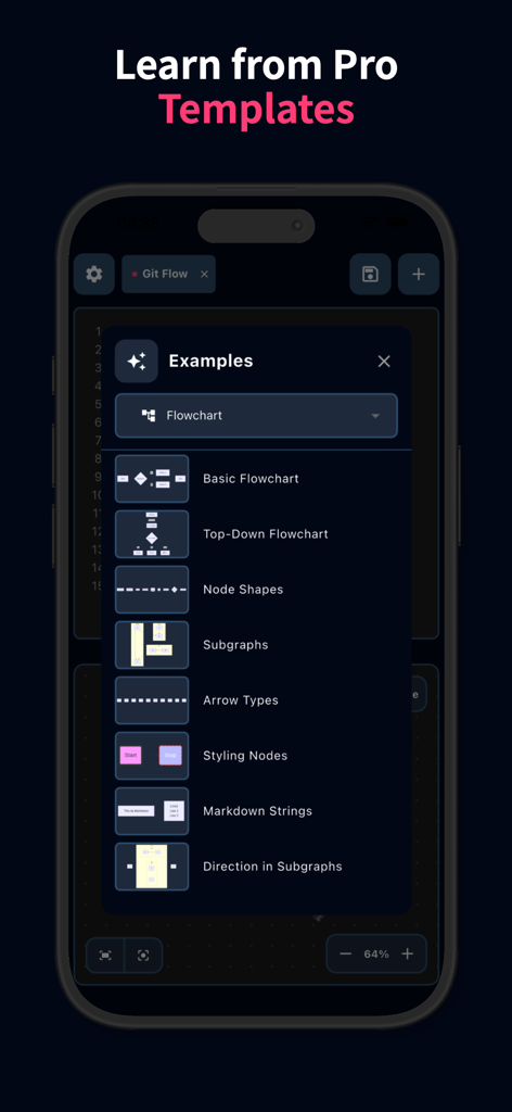 Live Editor for Mermaid Charts - A menu of professional flowchart templates in the Live Editor for Mermaid Charts mobile app
