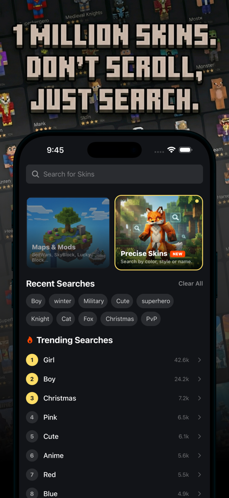 L'interface de recherche de Craftkit PE montrant les catégories pour les skins, cartes et mods Minecraft