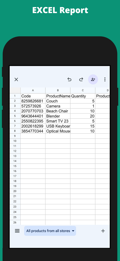 Stock Manager Online - A mobile spreadsheet view of an Excel report showing inventory items product codes and quantities
