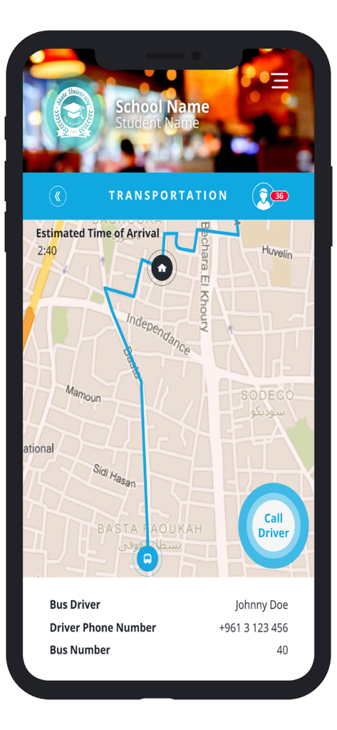 Écran de transport de l'application mobile EduFlag V2 montrant l'emplacement du bus scolaire en temps réel sur une carte avec l'heure d'arrivée estimée et les détails de contact du chauffeur