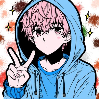 teenage manga boy in a hoodie, doing ✌