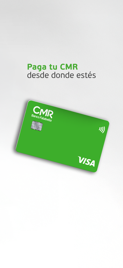 Grüne Banco Falabella CMR Visa Karte mit dem Text 'Bezahlen Sie Ihre CMR von überall aus'