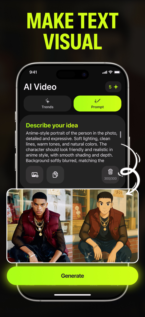 Lumiere - AI Video Generator - A smartphone screen showing the Lumiere app interface where a text prompt is used to generate an anime-style video from a portrait.
