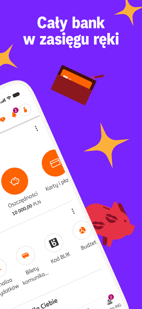 Benutzeroberfläche der Moje ING Mobile-Banking-App mit Sparoptionen und BLIK-Zahlungsmöglichkeiten