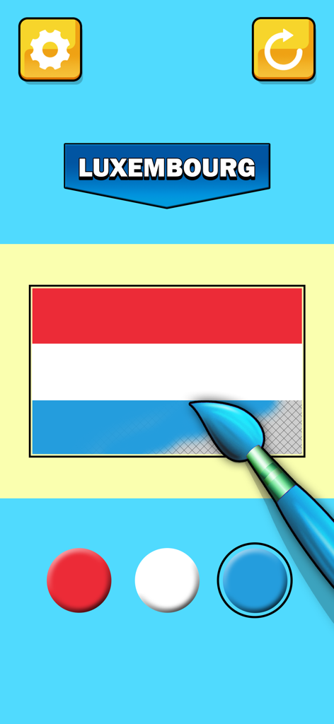 Flags Painting: Paint the Flag - モバイルゲーム画面で、赤、白、青のペイントオプションを使用して、ルクセンブルクの国旗の水平な縞にペイントブラシで色を塗っている様子