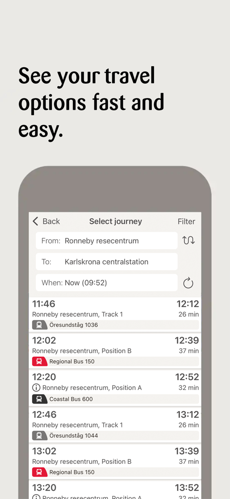 Screenshot of the Blekingetrafiken app showing journey planning options between Ronneby and Karlskrona with various train and bus departure times