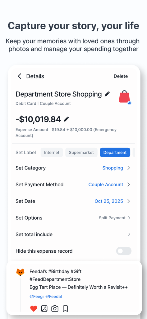 Feed MoneyBook Pro - Detail screen of an expense entry for department store shopping featuring social feed notes and category labels.