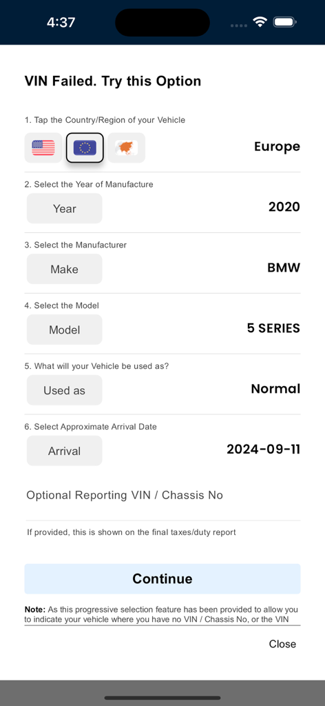 ガーナの関税計算のために車の詳細を手動で入力するためのフォーム。