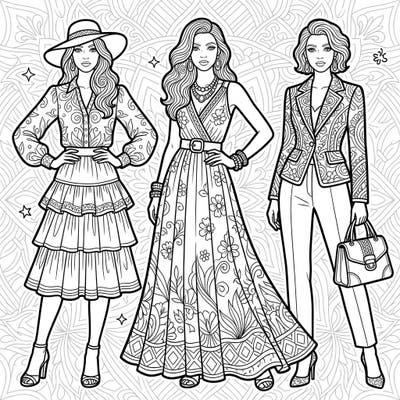 Unleash your inner stylist with this exquisite coloring page featuring three elegantly posed fashion models. Dive into intricate patterns and design a world of couture with your favorite colors.