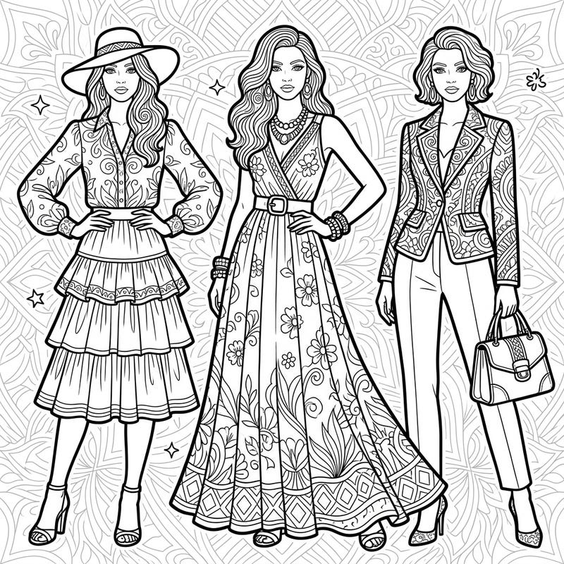 Unleash your inner stylist with this exquisite coloring page featuring three elegantly posed fashion models. Dive into intricate patterns and design a world of couture with your favorite colors.