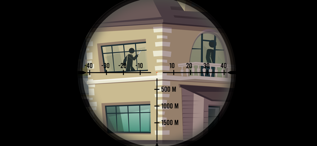 Sniper Head Shot Stickman.io - Vista de francotirador apuntando a un stickman dentro de la ventana de un edificio