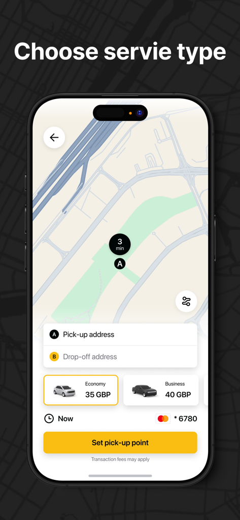 TaxiF app interface for selecting ride types like economy or business with prices and a map display