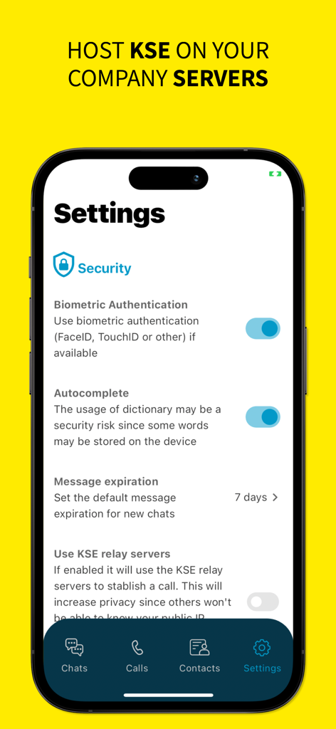 KSE Kripteria - Settings screen of the KSE Kripteria secure messaging app showing security options like biometric authentication and message expiration