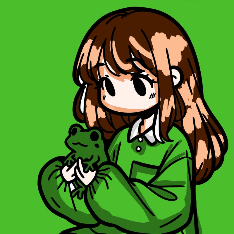 girl with long hair and a oversized shirt. and she is holding a frog