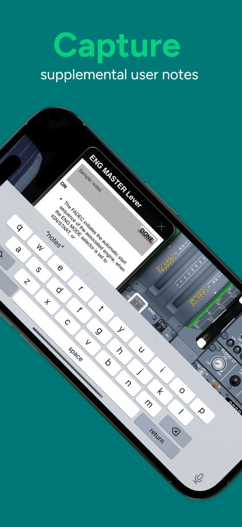 Acron A320 Cockpit Fam. - Interface d'une application d'entraînement au cockpit A320 montrant une fonctionnalité pour capturer des notes utilisateur supplémentaires sur des commandes spécifiques de l'avion.