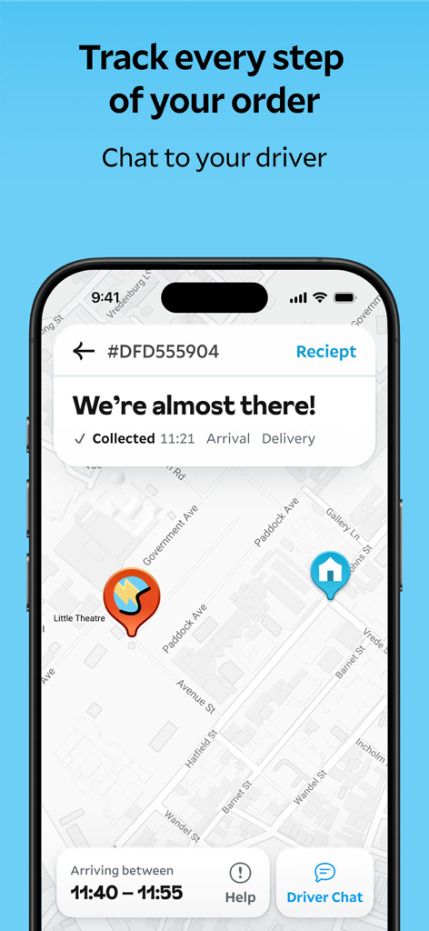Mr D - Groceries & Takeaway - Mr D app interface showing real-time delivery tracking on a map with driver chat