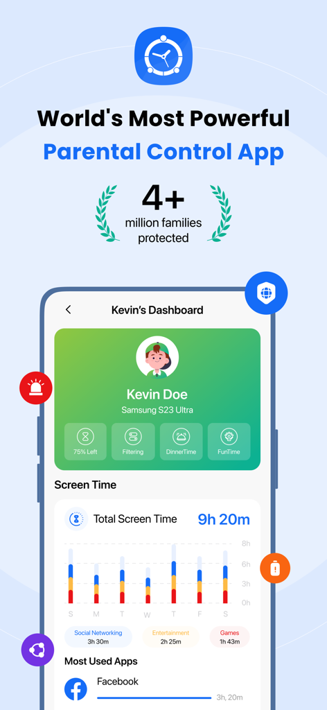FamilyTime app dashboard showing screen time usage statistics and most used apps for a child profile