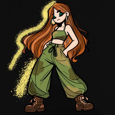 girl in baggy pants crop top and long hair