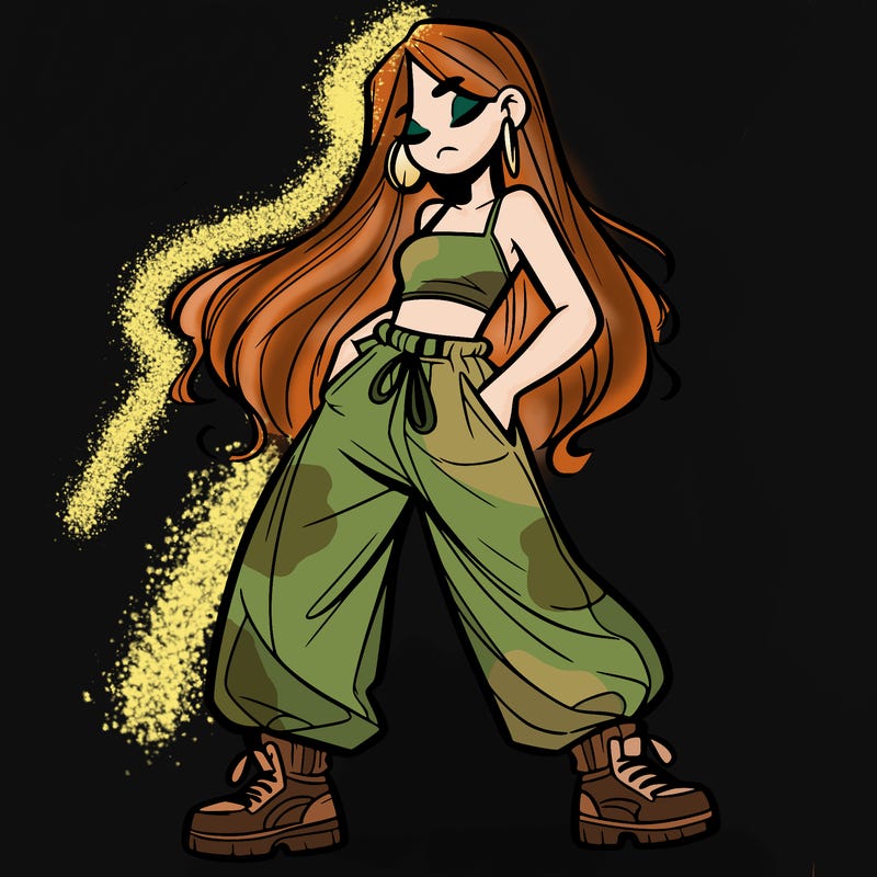 girl in baggy pants crop top and long hair
