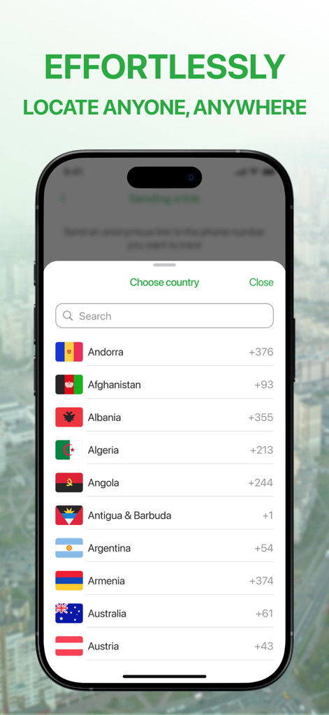 Mobile screen showing a list of countries with flags and phone codes for international location tracking