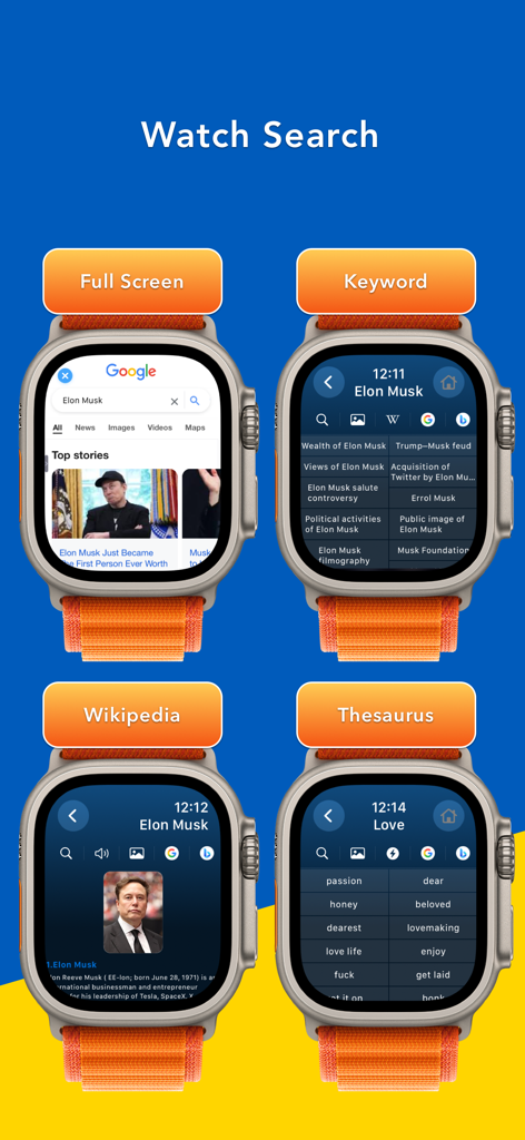 Search Ace - AI Browser - Search Ace browser interface on Apple Watch displaying full screen search, keyword search, Wikipedia, and thesaurus modes.