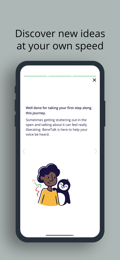 BeneTalk: Stuttering Coach - BeneTalk app welcome screen with a message about starting a journey to improve speech confidence