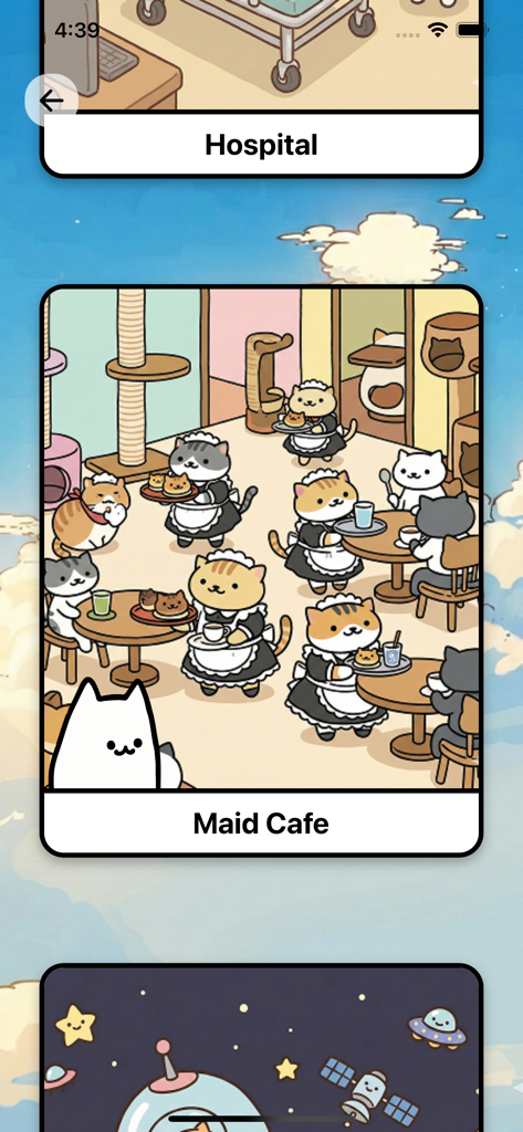 Interfaz de la aplicación SpeakRPG que muestra un escenario de juego de roles de cafetería de sirvientas con temática de gatos para el aprendizaje de idiomas.