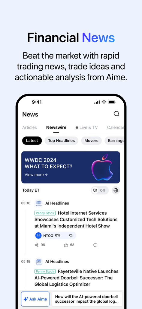 AInvest: AI Stock Investing - Schermata dell'app AInvest che mostra un feed di notizie finanziarie in tempo reale e titoli generati dall'AI per idee di trading azionario.