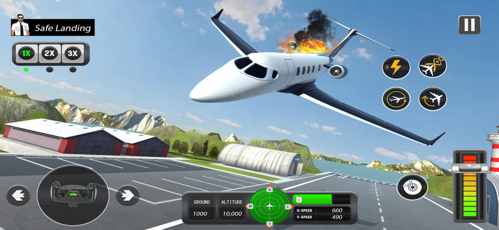 Gameplay of Aircraft Flight Simulator 2024 showing a private jet with an engine fire performing an emergency landing.