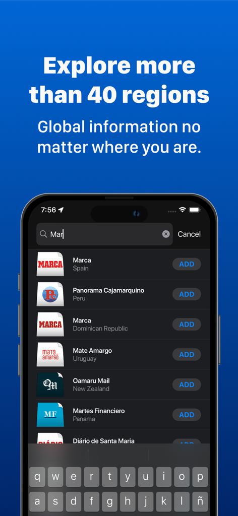 Smartphone screen showing search results for international newspapers in the Chilean Newspapers app