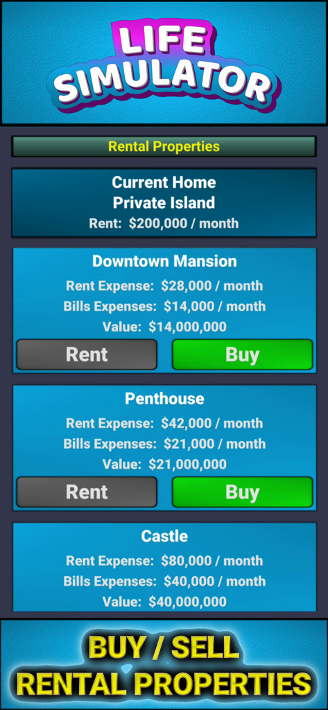Life Simulator - Business Game - Life Simulator Business Game interface showing options to buy or rent luxury real estate like a private island and downtown mansion