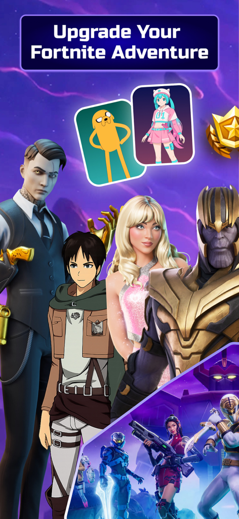 FTN Zone Fortnite Royale Stats - Collage de skins populaires de personnages Fortnite avec un en-tête promotionnel