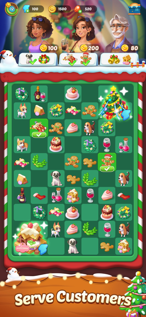 Seaside Escape gameplay showing a festive Christmas merge board with holiday items and customer orders