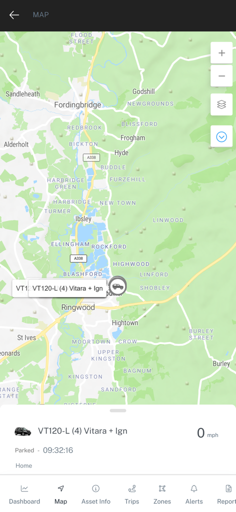 RX Tracking - RX Tracking app interface showing a real time vehicle location on a map with status information.