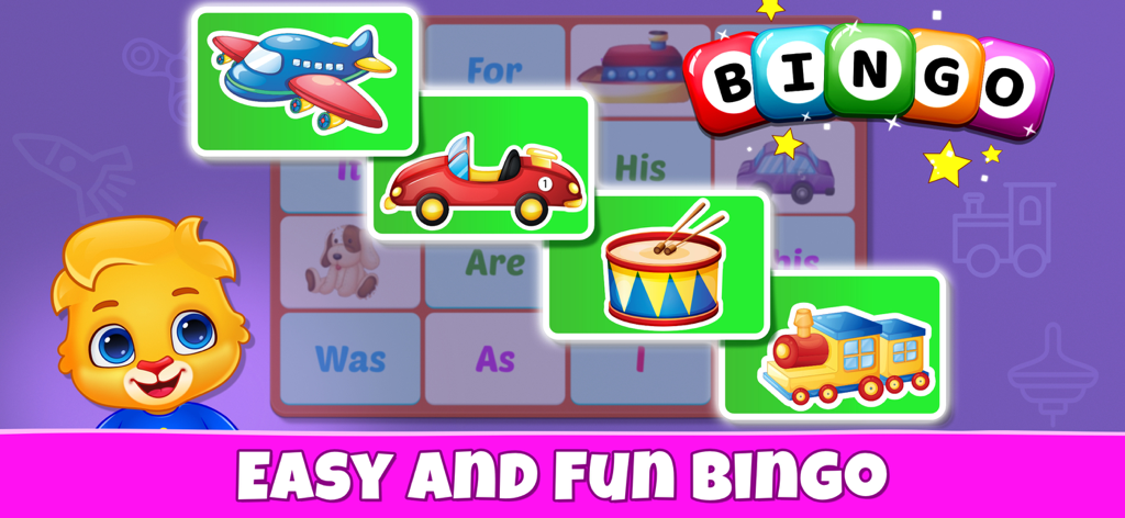 Sight Words - Pre-k to 3rd - Una colorida interfaz de juego de bingo de palabras de la aplicación educativa Palabras de Uso Frecuente con un tablero de bingo y tarjetas ilustradas.