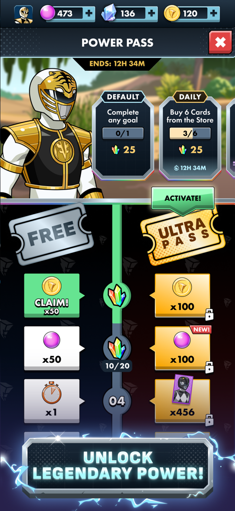 Power Rangers Mighty Force - Menú Power Pass en Power Rangers Mighty Force mostrando recompensas y el Ranger Blanco.