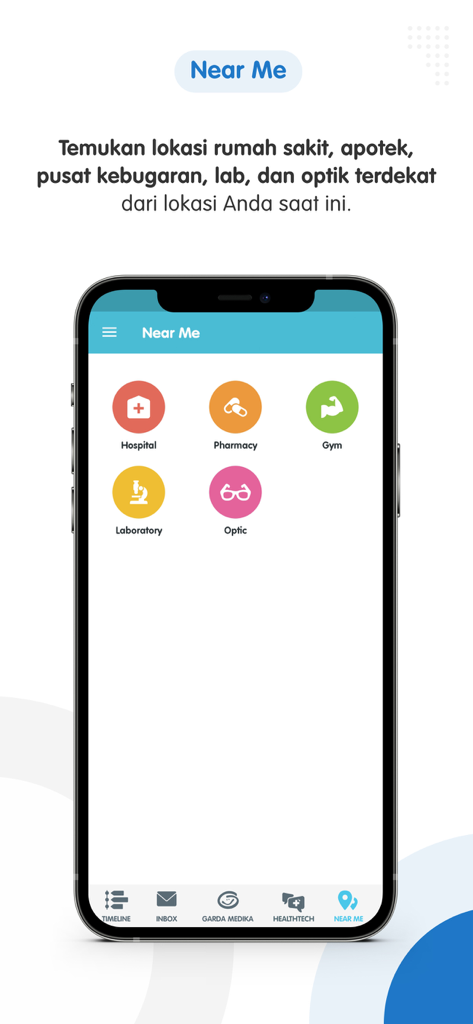 Garda Mobile - Medcare - Tela do aplicativo móvel para encontrar hospitais, farmácias, academias e laboratórios próximos