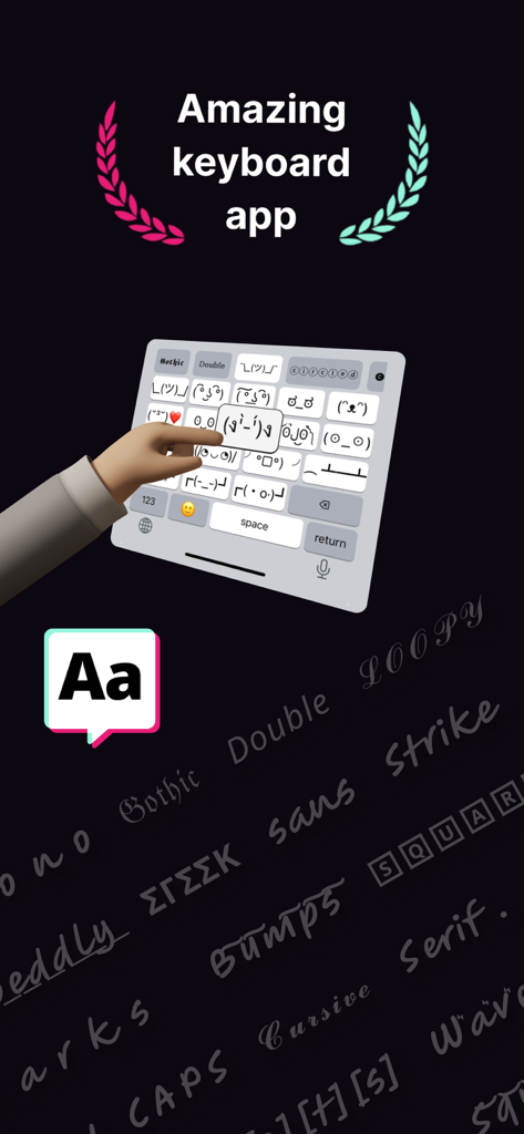 Fontkey - Fonts Keyboard Emoji - Interface do app Fontkey apresentando um teclado kaomoji e vários estilos de fontes decorativas