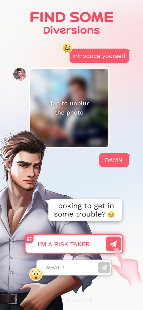 My Escape: My Secret Crush - Un'interfaccia di chat dal gioco mobile My Escape che mostra una conversazione con un affascinante personaggio maschile e opzioni di risposta romantiche